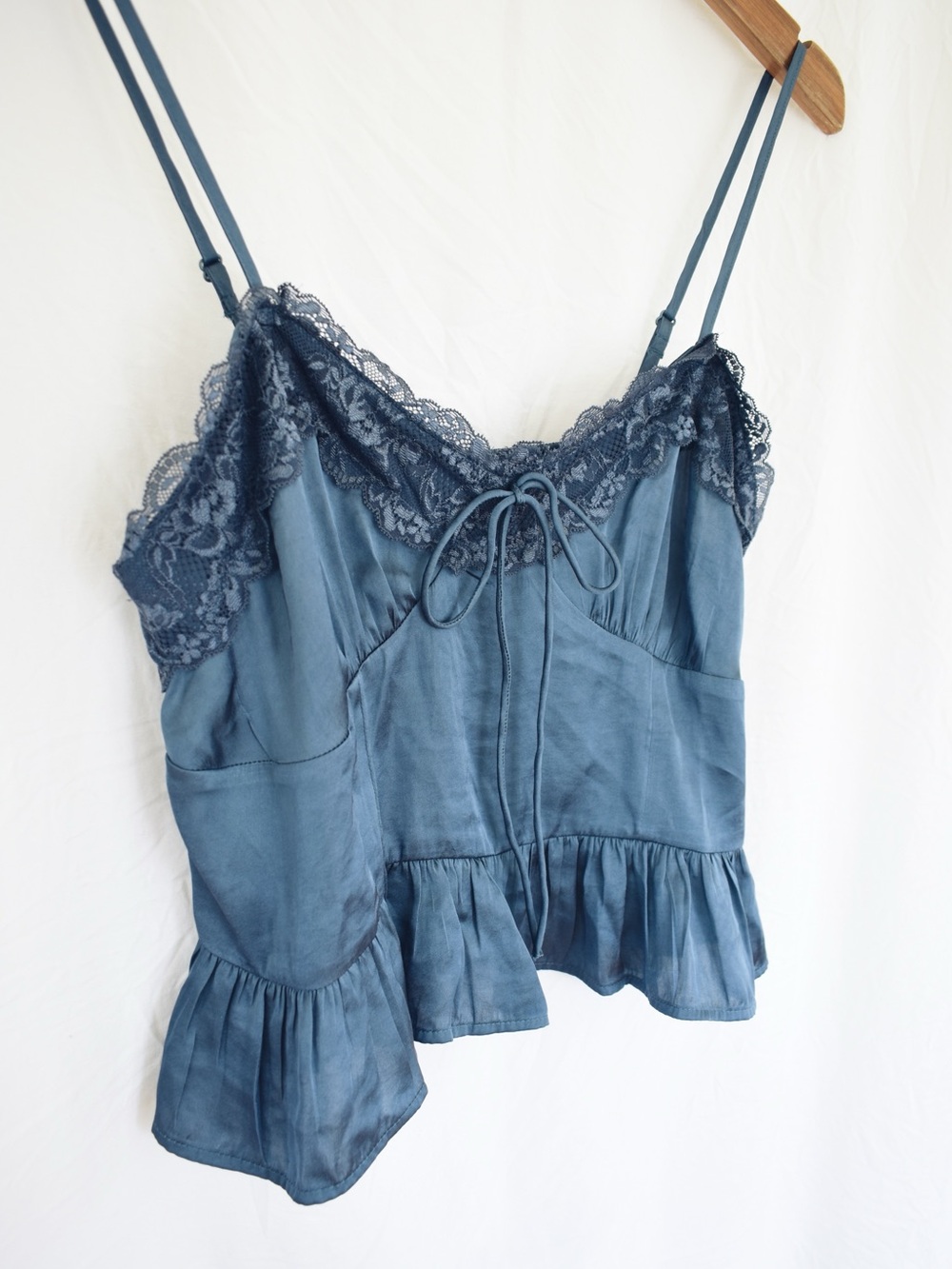 American Eagle Blue Lace Trim Satin Babydoll Top | Size M